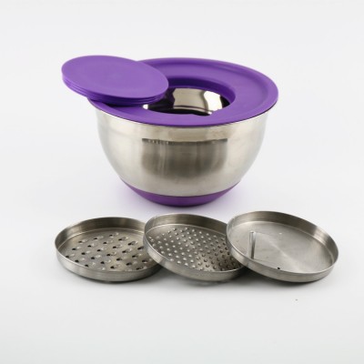 Multi Function Kitchen 3-way Vegetable Grater Mixing Stainless Steel Salad Bowl Set With Non-slip Bottom